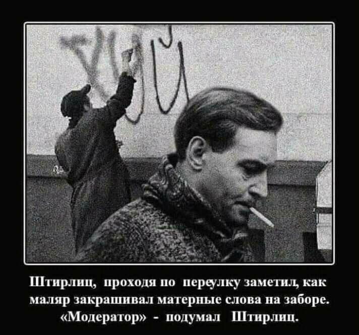 Штирлиц проходя по перчлку заметил как маляр закрашивал матерные слова на заборе Модератор подумал Штирлиц