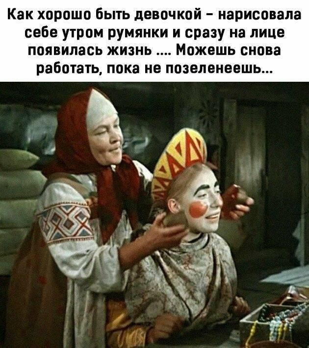 Как хорошо быть девочкой нарисовала себе утром румянки И сразу на ЛИЦЕ ПОЯВИЛЗОЬ ЖИЗНЬ Можешь снова работать пока не позеленеешь