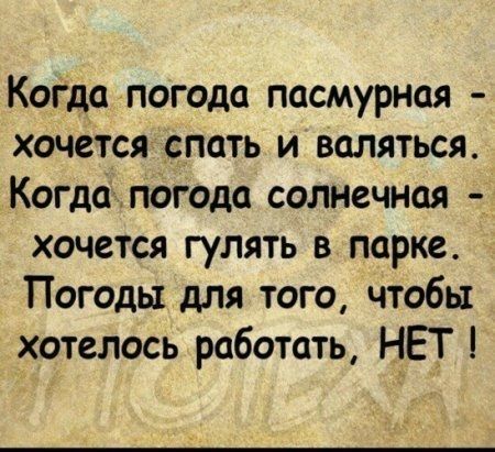 Когда погода пасмурная хочется спать и валяться Когдалогода солнечная хочется гулять в парке Погоды для того чтобы хотелось работать НЕТ