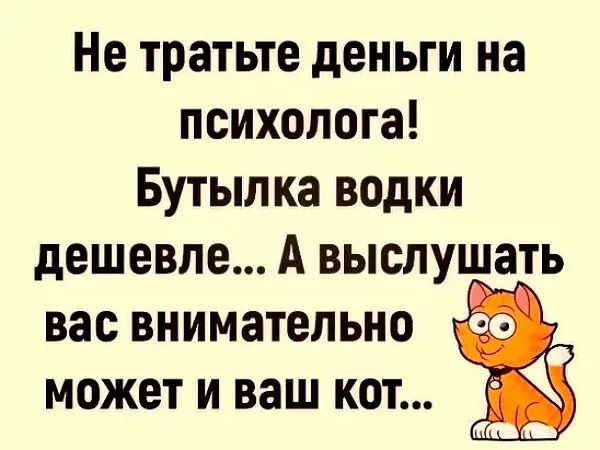 Не тратьте деньги на психолога Бутылка водки дешевле А выслушать вас ВНИМЗТЕЛЬНО может И ВЗШ КОТ