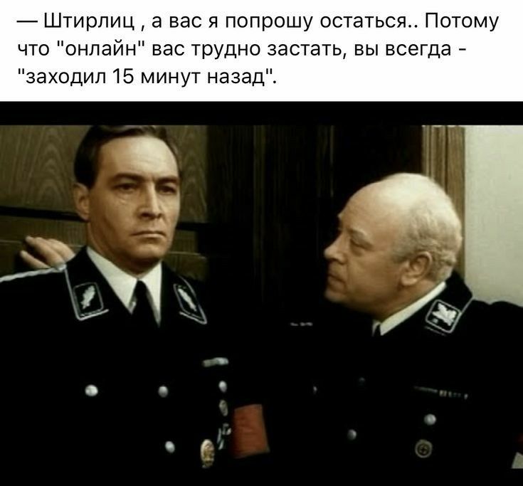 _ Штирлиц а вас я попрошу остаться Пэтому что онлайн вас трудно застать вы всегда заходил 15 минут назад