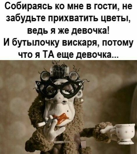 Собираясь ко мне в гости не забудьте прихватить цветы ведь я же девочка И бутылочку вискаря потому что я ТА еще девочка