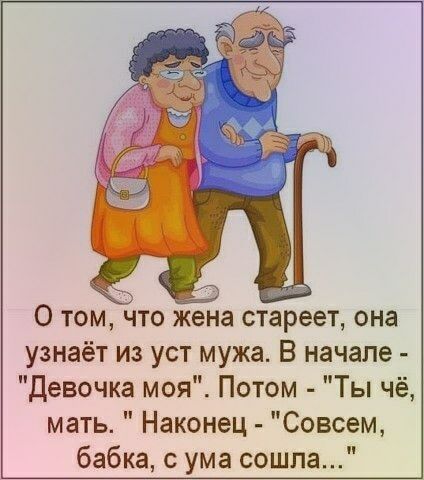 0 том что жена стареет она узнаёт из уст мужа В начале девочка моя Потом Ты чё мать Наконец Совсем бабка с ума сошла