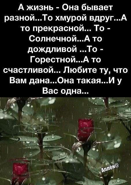 А жизнь Она бывает разнойТо хмурой вдругА то прекрасной То СолнечнойА то дождливой То ГорестнойА то счастливой Любите ту что Вам дана0на такаяИ у Вас одна