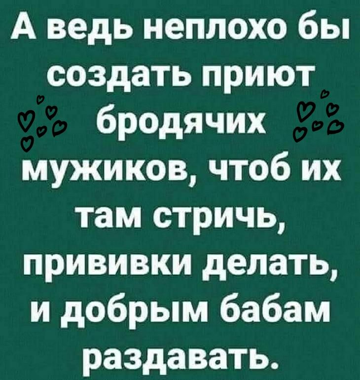 А ведь неплохо бы создать приют бродячих мужиков чтоб их там стричь прививки делать и добрым бабам раздавать