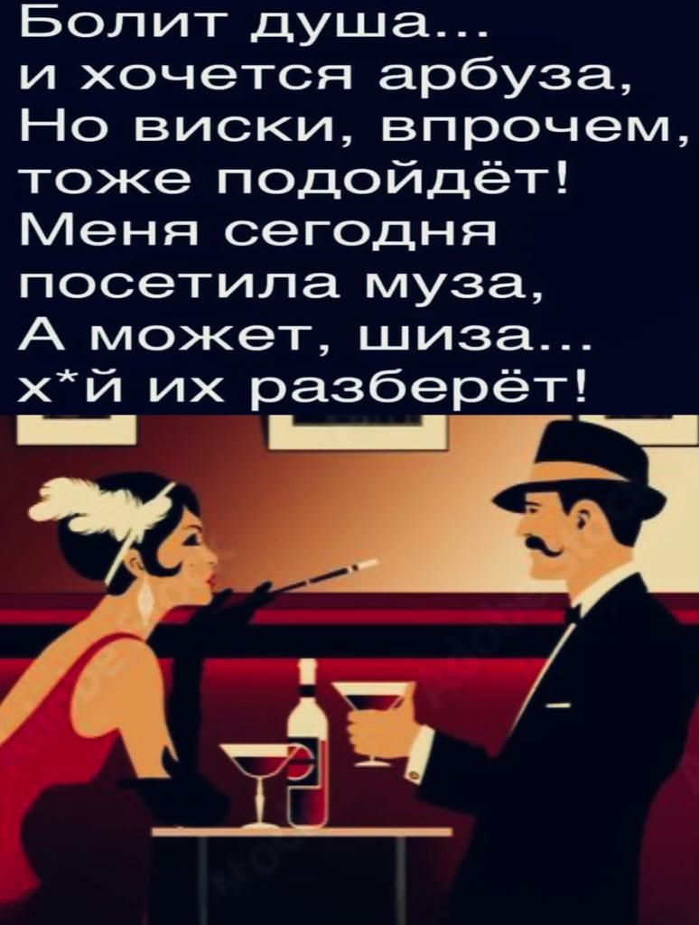 Болит душа и хочется арбуза Но виски впрочем тоже подойдёт Меня сегодня посетила муза А может шиза х й их разберёт ЁЪ