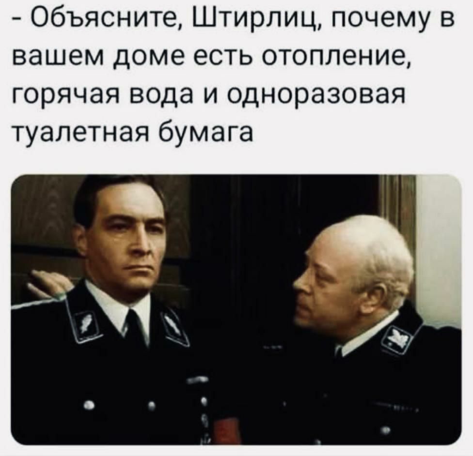 Объясните Штирлиц почему в вашем доме есть отопление горячая вода и одноразовая туалетная бумага
