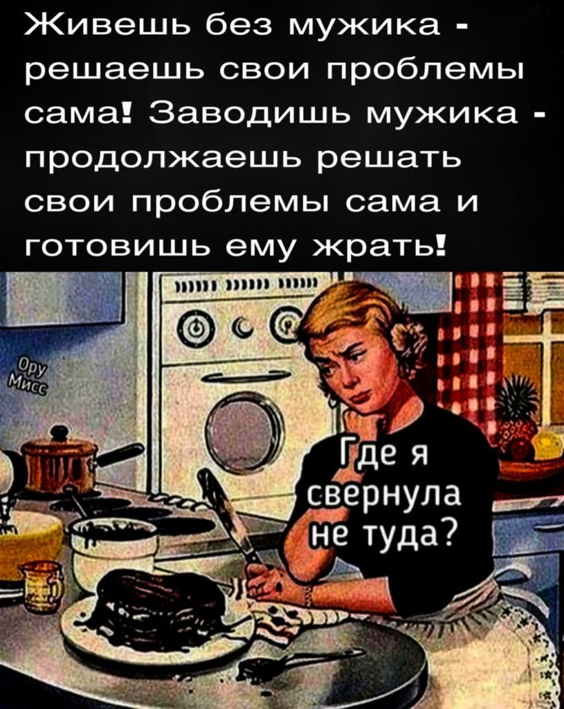 Живешь без мужика решаешь свои проблемы сама Заводишь мужика продолжаешь решать свои проблемы сама и готовишь ему жрать