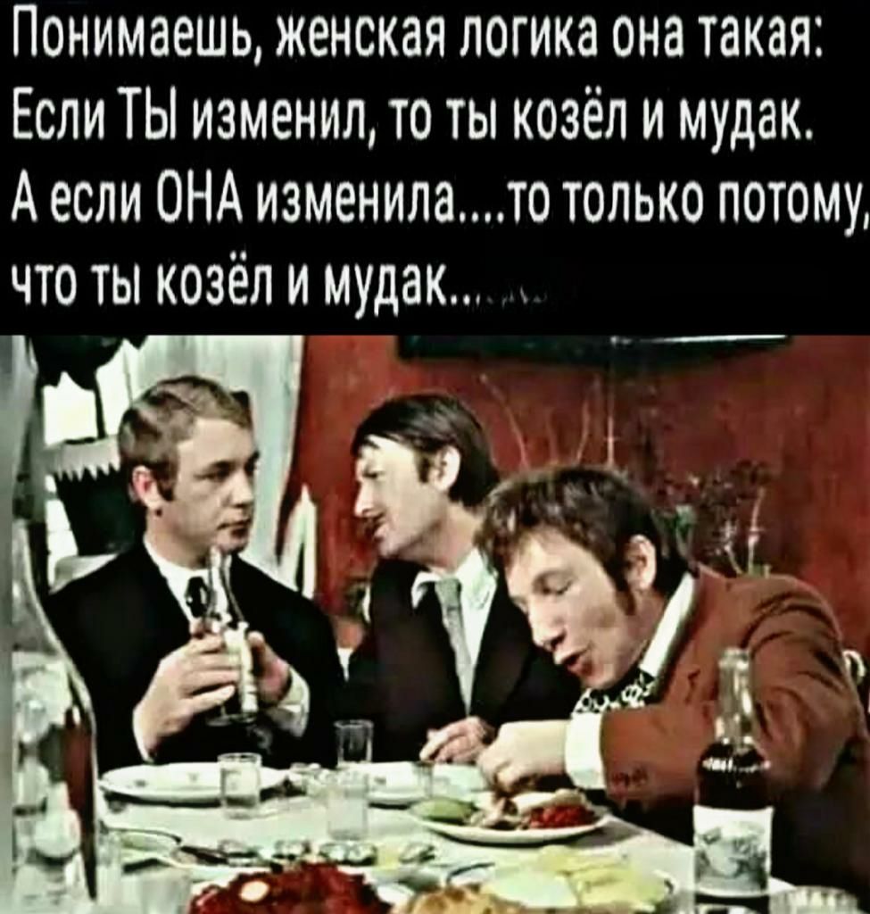 Понимаешь женская логика она такая Если ТЫ изменил то ты козёл и мудак А если ОНА изменилато только потому что ты козёл и мудак