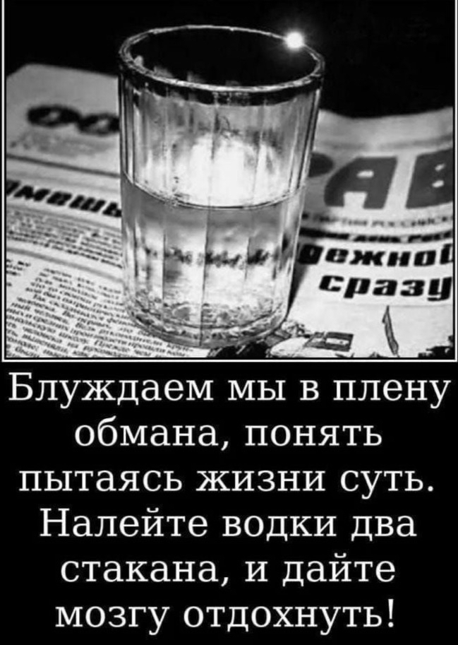 Блуждаем мы в плену обмана понять пытаясь жизни суть Налейте водки два стакана и дайте мозгу отдохнуть