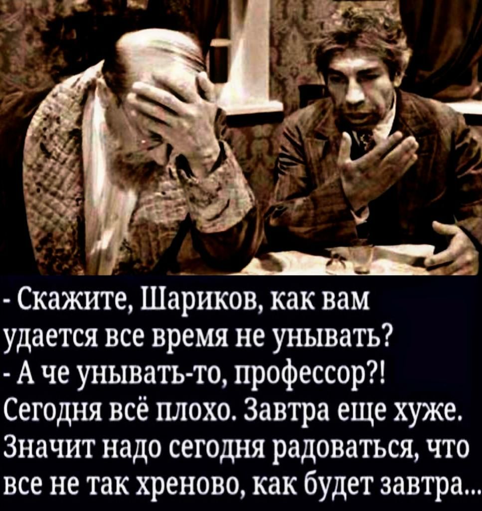 Скажте Шариков как вам удается все время не унывать А че унывать то профессор Сегодня всё плохо Завтра еще хуже Значит надо сегодня радоваться что все не так хреново как будет завтра