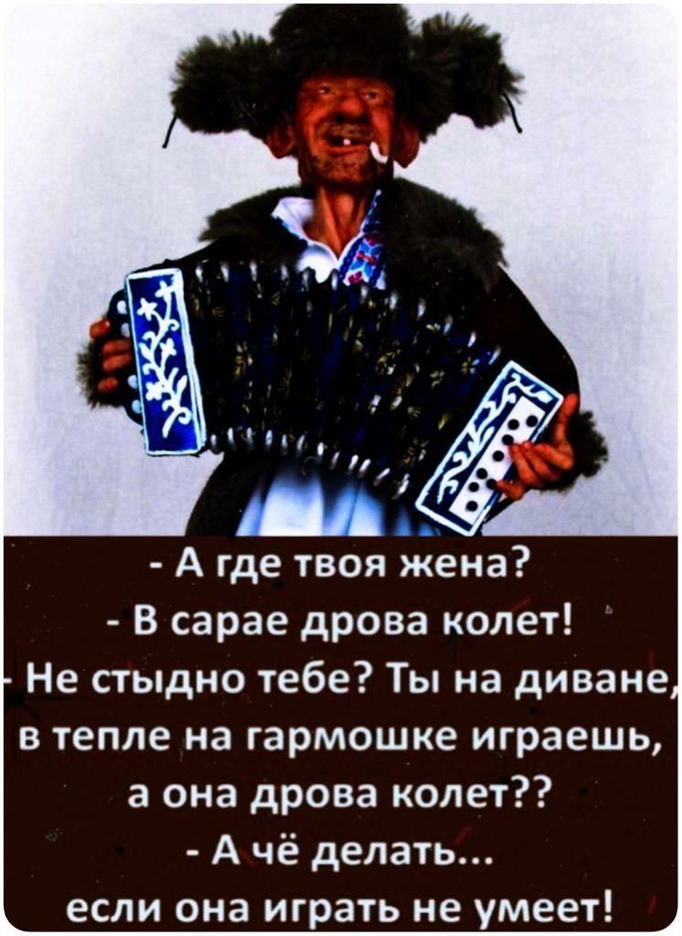 А где твоя жена В сарае дрова колет Не пыдно тебе Ты на диване в тепле на гармошке играешь а она дрова колет А чё делать если она играть не умеет