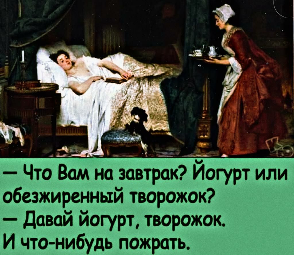Что Вам на завтрак Йогурт или обезжиренный творожок Давай йогурт творожок И что нибудь пожрать