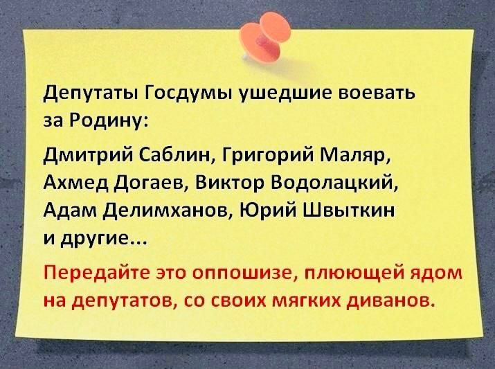 депутаты Госдумы ушедшие воевагь за Родину дмигрий Саблин Григорий Маляр Ахмед Догаев Виктор Водопацкий Адам Делимханощ Юрий Швыткин и другие Передайте эш оппошизе плюющей идем на депутата со своих мягких диванов