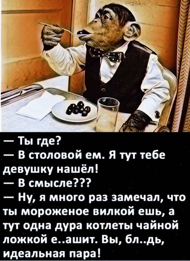 Ты где В столовой ем Я тут тебе девушку нашёл В смысле Ну я много раз замечал что ты мороженое вилкой ешь а тут одна дура котлеты чайной ложкой еашит Вы блдь идеальная пара