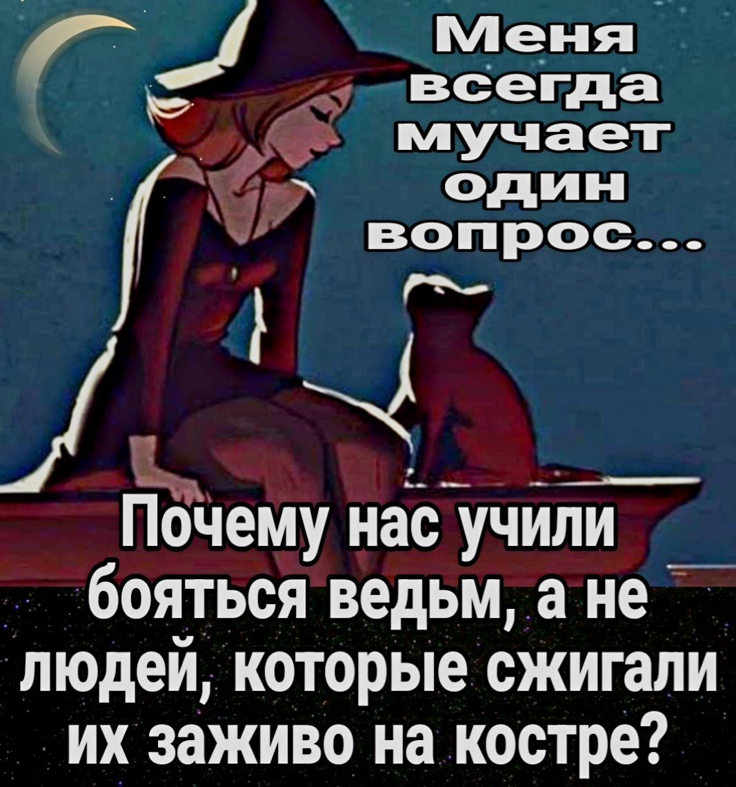 г Меня ч всегда мучает один вопрос ПоЧеМу нас учипи бояться ведьм а не _ людейкоторые сжигали их заживо на костре А
