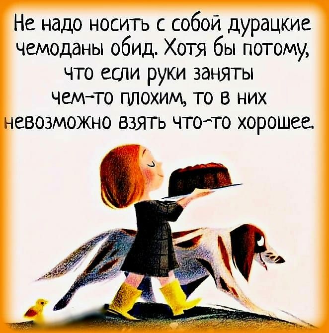 Не надо носить с собой дурацкие чемоданы обид Хотя бы потому что если руки заняты чемто плохим то в них НЕВОЗМОЖНО взять чтото хорошее О