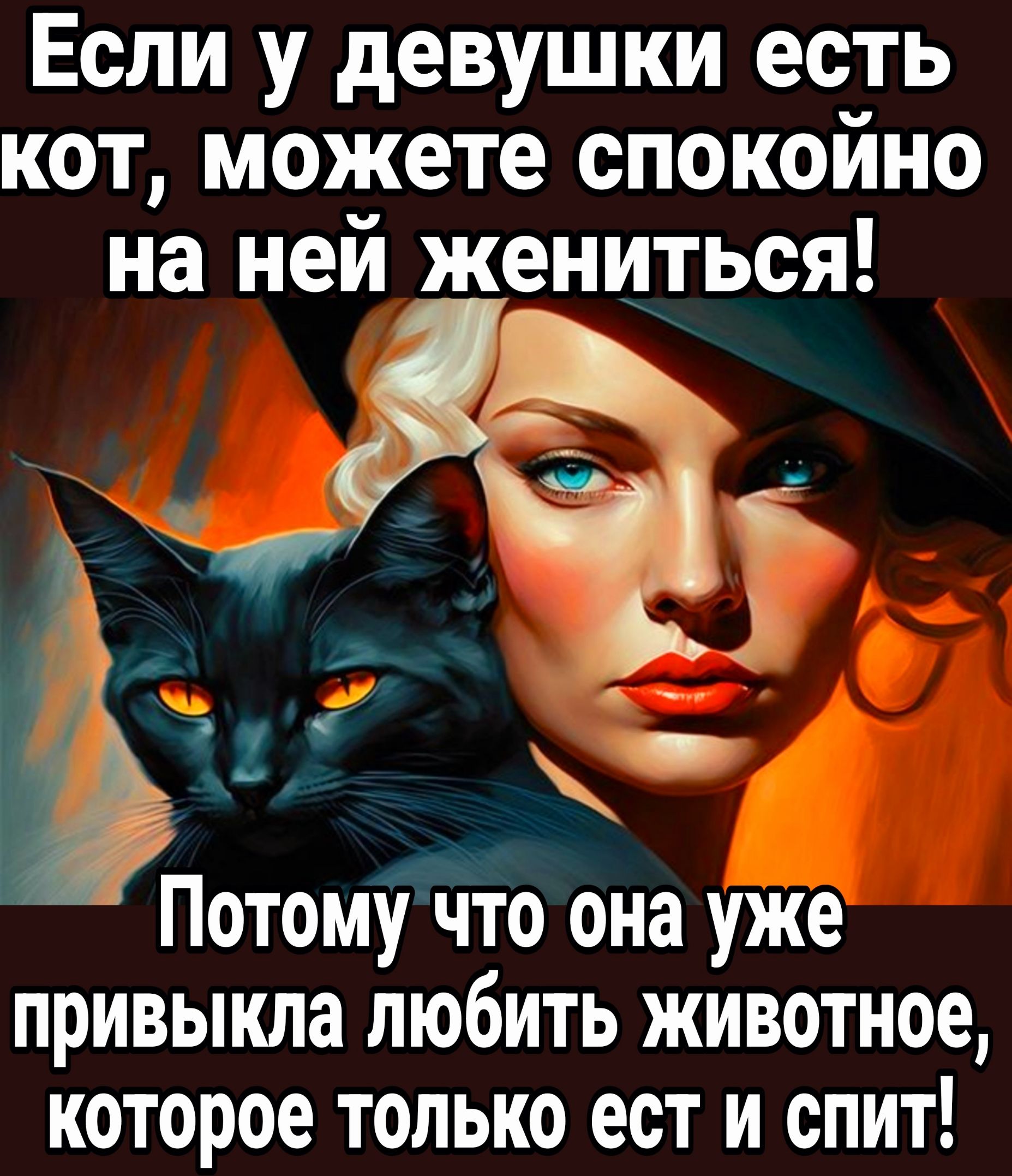 Если у девушки есть кот можете спокоино на ней жениться Потому что она уже привыкла любить ЖИВОТНОе которое только ест и спит