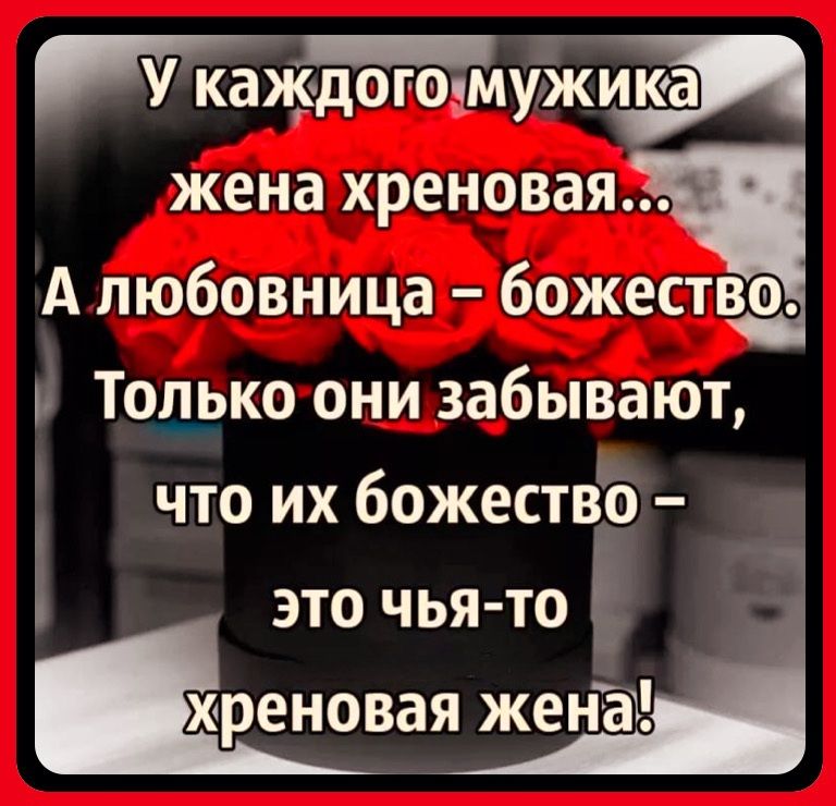 жена хреновая А любовница божм Только они забывают что их божествго это чья то _ хреновая женат