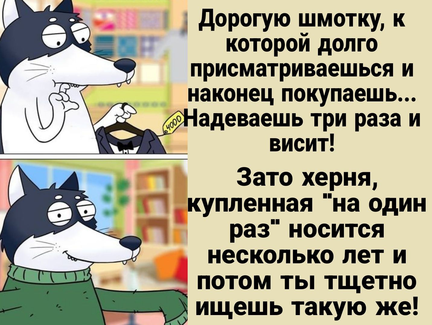 _дорогую шмоткук которой долго присматриваешься и наконец покупаешь Надеваешь три раза и _ _ висит Зато херня купленная на один раз носится несколько лет и потом ты тщетно ищешь такую же