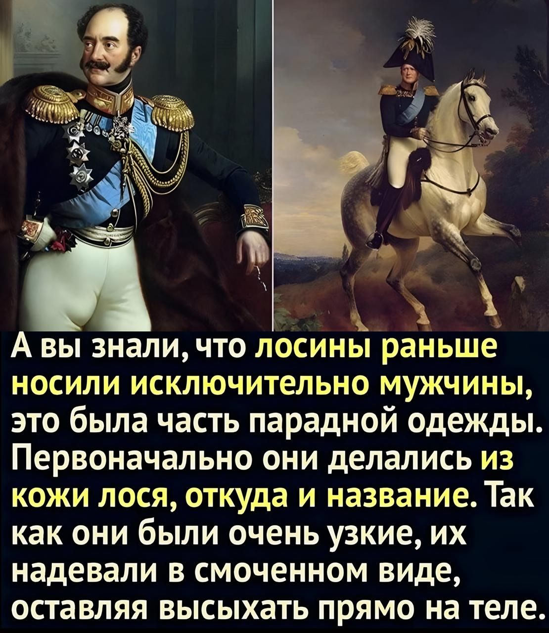 А вы знали что лосины раньше носили исключительно мужчины это была часть парадной одежды Первоначально они делались из кожи лося откуда и название Так как они были очень узкие их надевали в смоченном виде оставляя высыхать прямо на теле