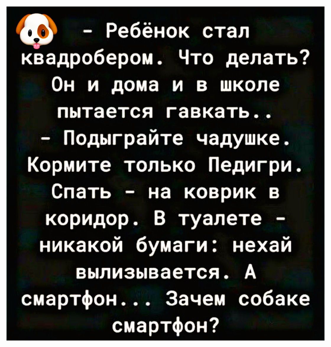 Ф Ребёнок стал квадробером Что делать Он и дома и в школе пытается гавкать Подыграйте чадушке Кормите только Педигри Спать на коврик в коридор В туалете никакой бумаги нехай вылизывается А смартфон Зачем собаке смартфон