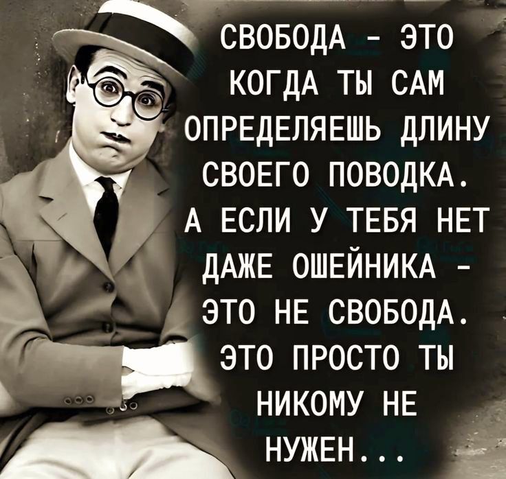 Ф СВОБОДА ЭТО ОМ КОГДА ТЫ САМ ОПРЕДЕЛЯЕЩЬ ДЛИНУ СВОЕГО ПОВОДКА А ЕСЛИ У ТЕБЯ НЕТ ДАЖЕ ОШЕЙНИКА 1 ЭТО НЕ СВОБОДА Г ЭТО ПРОСТО ТЫ рн 5 НИКОМУ НЕ НУЖЕН і