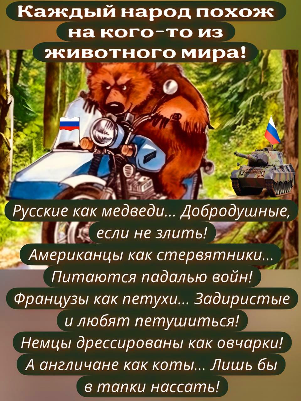 Каждый народ похож на кого то из зживотного мира Русские как медведи Добродушные если не злиты ТЁ Американцы как стервятники Питаются падалью войн Французы как петухи Задиристые и любят петушиться _ Немцы дрессированы как овчарки ГА англичане как коты Лишь бы в тапки нассать