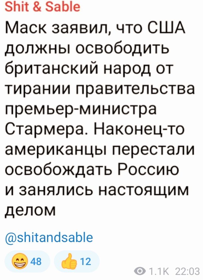 5пи 5аЫе Маск заявил что США должны освободить британский народ от тирании правительства премьер министра Стармера Наконец то американцы перестали освобождать Россию и занялись настоящим делом ПапазаЫе з ф1