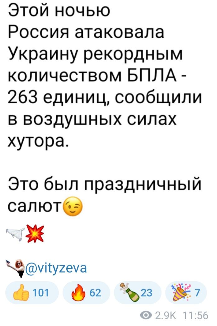 Этой ночью Россия атаковала Украину рекордным количеством БПЛА 263 единиц сообщили в воздушных силах хутора Это был праздничный салют упугеха ф1 фе з