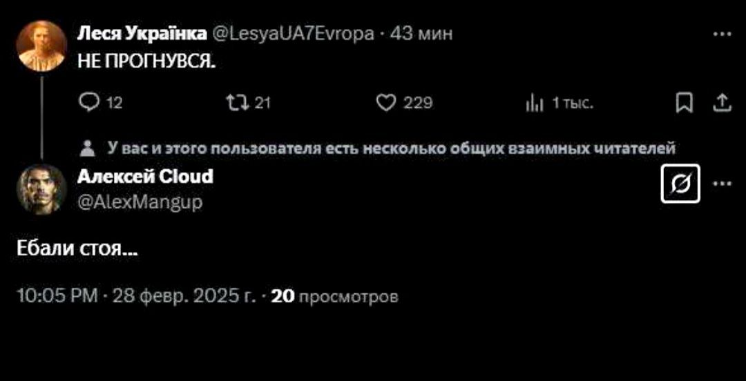 Леся украйнка  гсуашатеуора : 43 мин непрогнувся.  Е. Аа 2о рня я.  Ауаконеснассловиьла ана снодщннцой лее 9 ебали стоя.... 10:05 рм  28 февр. 2025 г. 20 просмотров