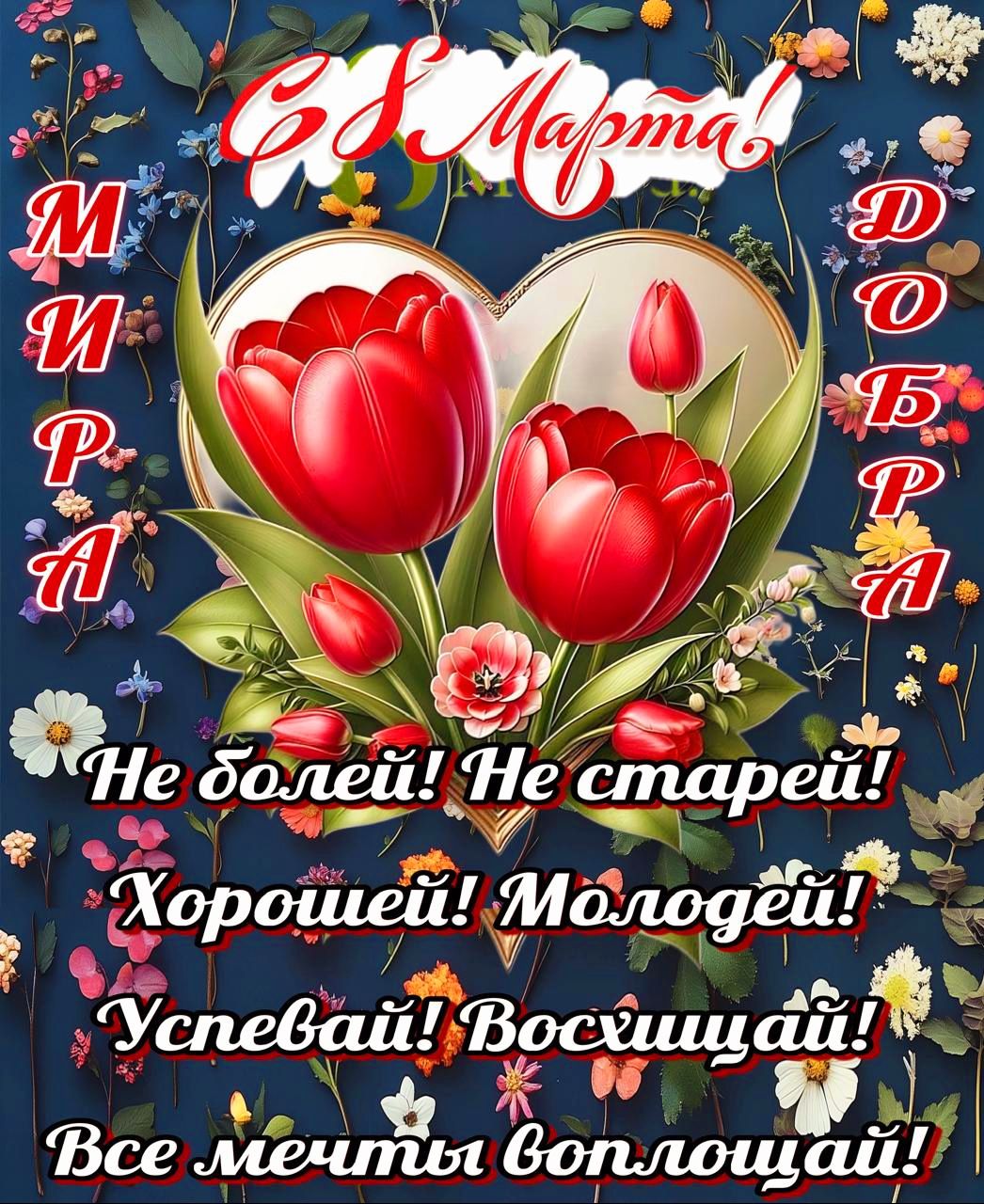 С 8 Марта! МИРА ДОБРА Не болей! Не старей! Хорошей! Молочей! Успевай! Восхищай! Все мечты воплощай!