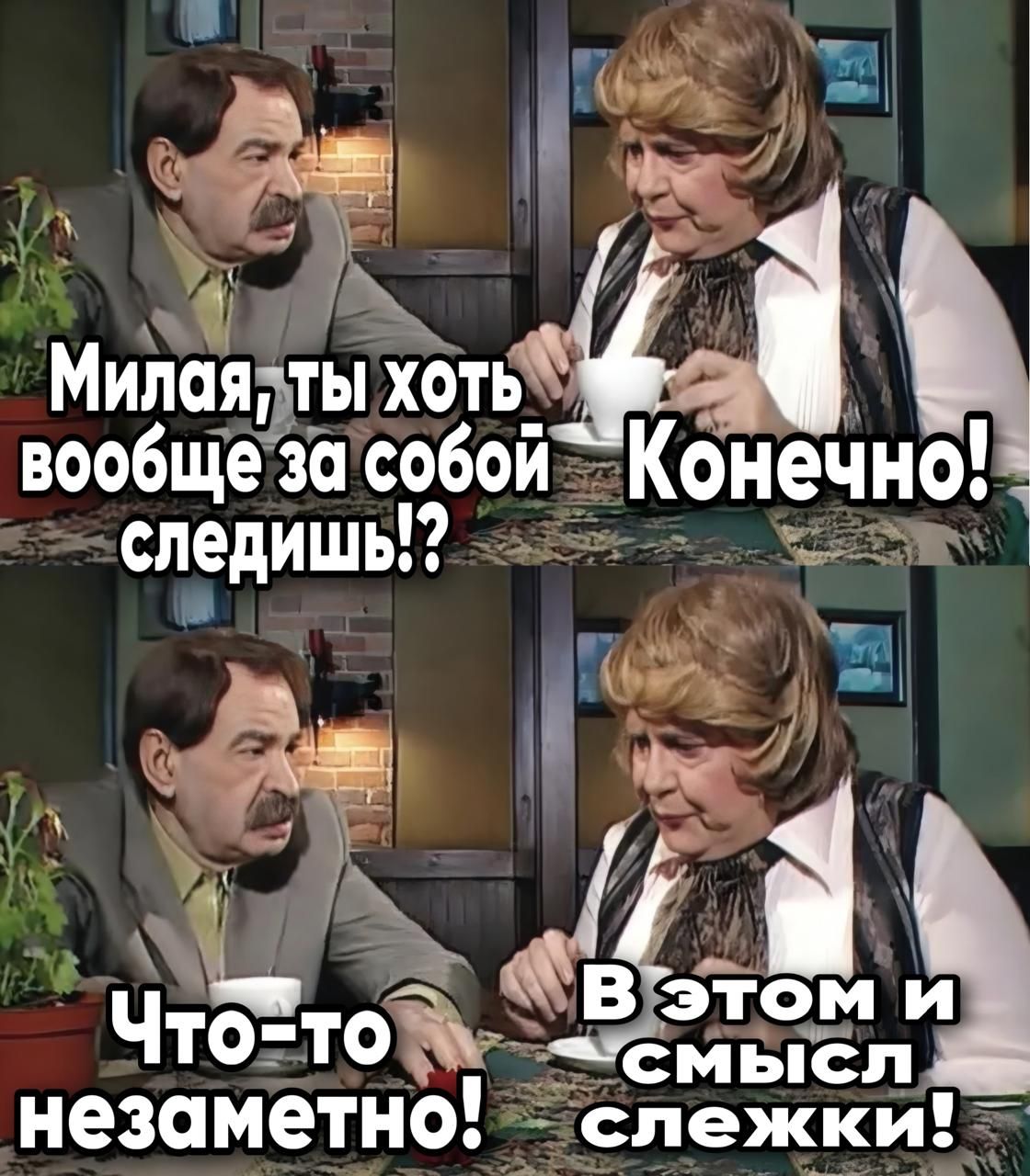 Милая, ты хоть вообще за собой следишь!? — Конечно! — Что-то незаметно! — В этом и смысл слежки!