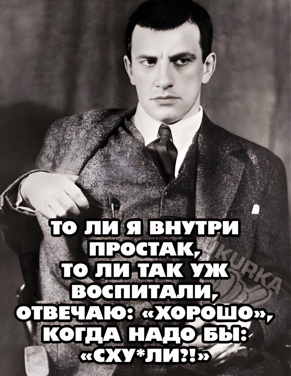 ТО ЛИ Я ВНУТРИ ПРОСТАК,
ТО ЛИ ТАК УЖ ВОСПИТАЛИ,
ОТВЕЧАЮ: «ХОРОШО»,
КОДА НУДО БЫ: «СХУ*ЛИ?!.»