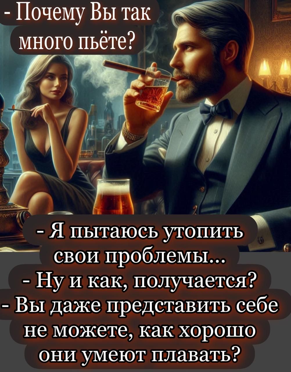 - Почему Вы так много пьёте?
- Я пытаюсь утопить свои проблемы...
- Ну и как, получается?
- Вы даже представить себе не можете, как хорошо они умеют плавать?