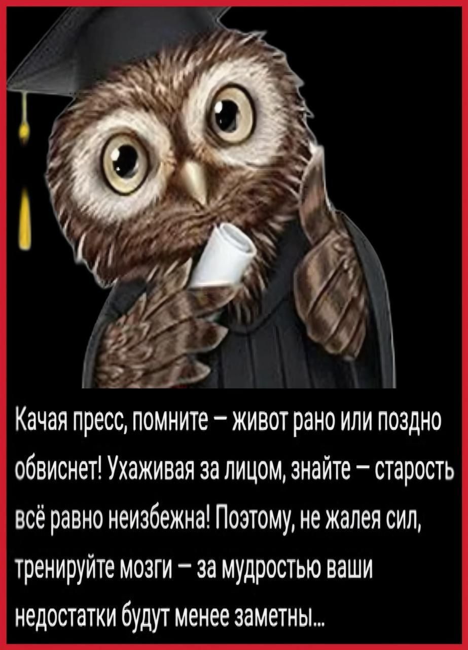 Качая пресс, помните – живот рано или поздно обвиснет! Ухаживая за лицом, знайте – старость всё равно неизбежна! Поэтому, не жалея сил, тренируйте мозги – за мудростью ваши недостатки будут менее заметны…
