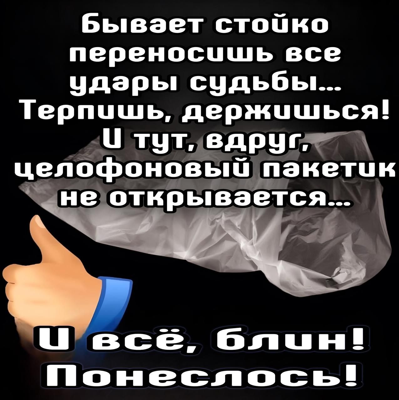Бывает стойко переносишь все удары судьбы... Терпи, держись! И тут, вдруг, целлофоновый пакетик не открывается... И всё, блин! Понеслось!