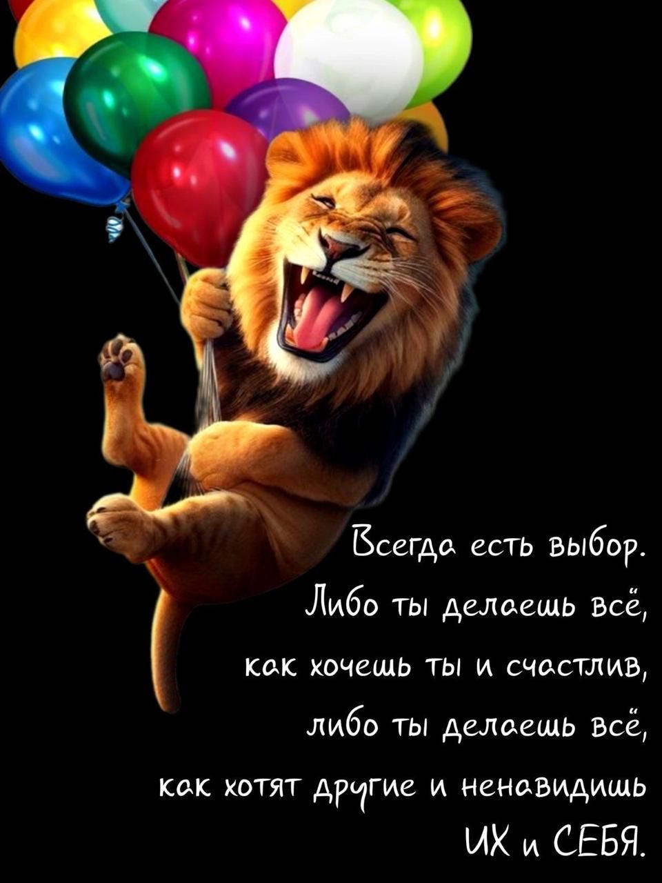 Всегда есть выбор. Либо ты делаешь всё, как хочешь ты и счастлив, либо ты делаешь всё, как хотят другие и ненавидишь ИХ и СЕБЯ.