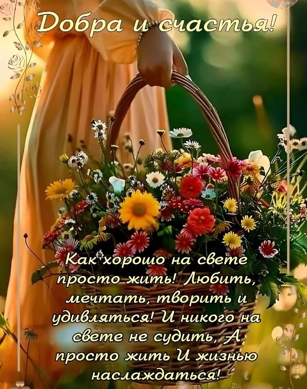 Добра и счастья!
Как хорошо на свете просто жить! Любить, мечтать, творить и удивляться! И никого на свете не судить, А просто жить И жизнью наслаждаться!