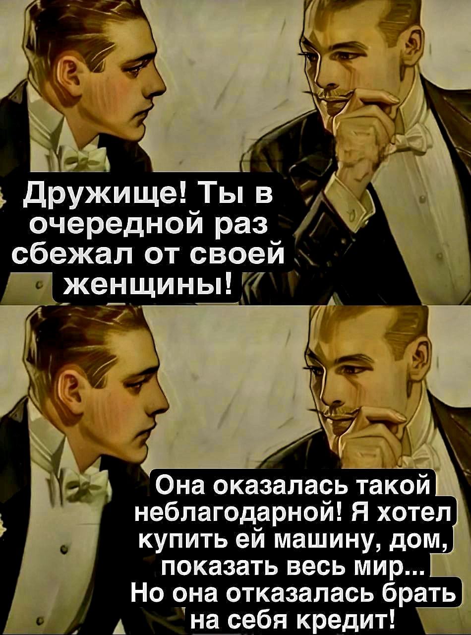 Дружище! Ты в очередной раз сбежал от своей женщины! Она оказалась такой неблагодарной! Я хотел купить ей машину, дом, показать весь мир... Но она отказалась брать на себя кредит!