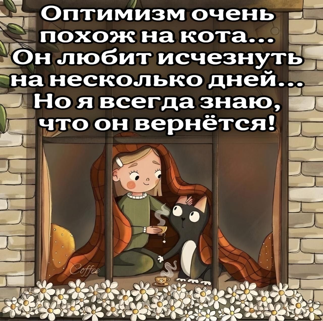 Оптимизм очень похож на кота...
Он любит исчезнуть на несколько дней...
Но я всегда знаю, что он вернётся!