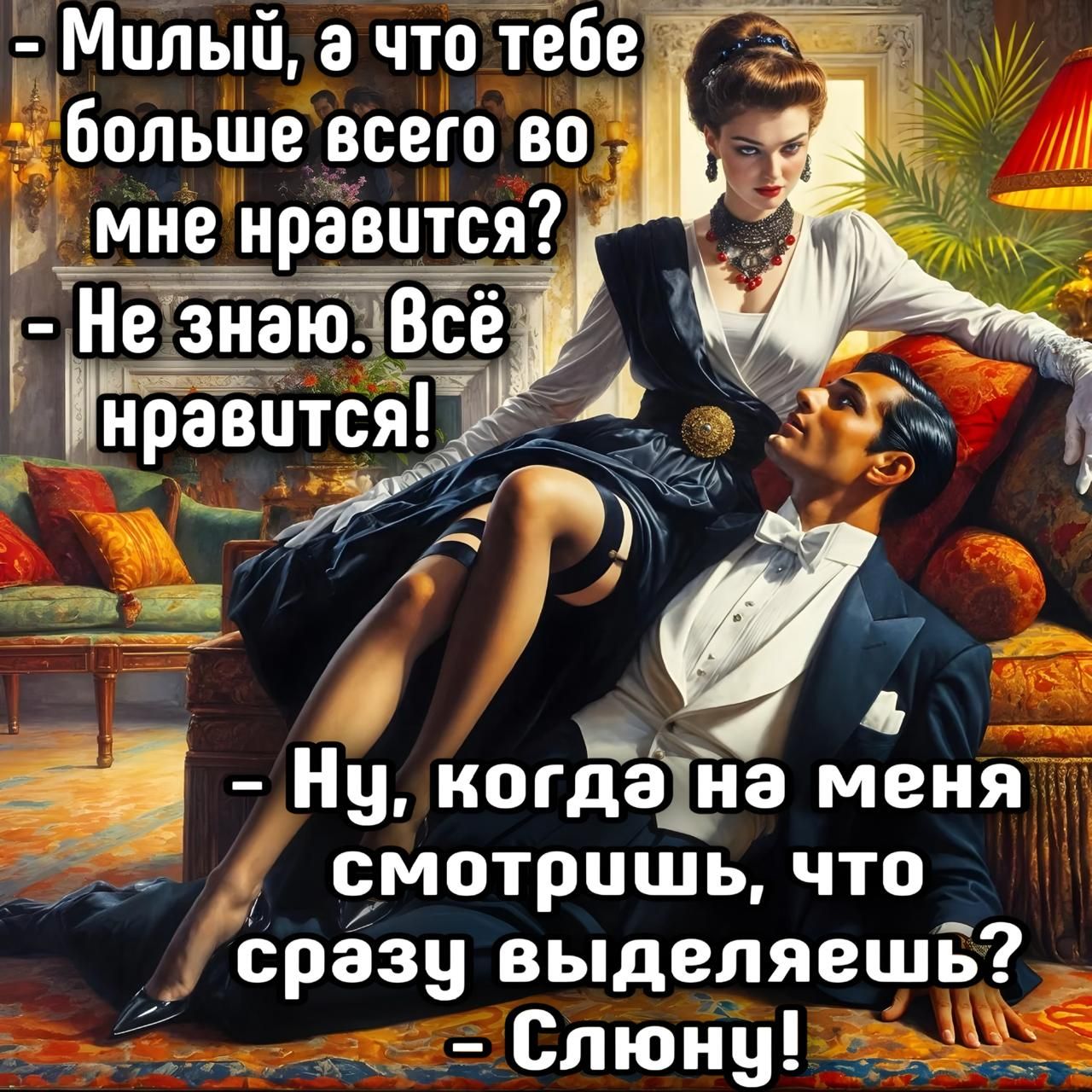 Милый, а что тебе больше всего во мне нравится? - Не знаю. Всё нравится! - Ну, когда на меня смотришь, что сразу выделяешь? - Слонью!
