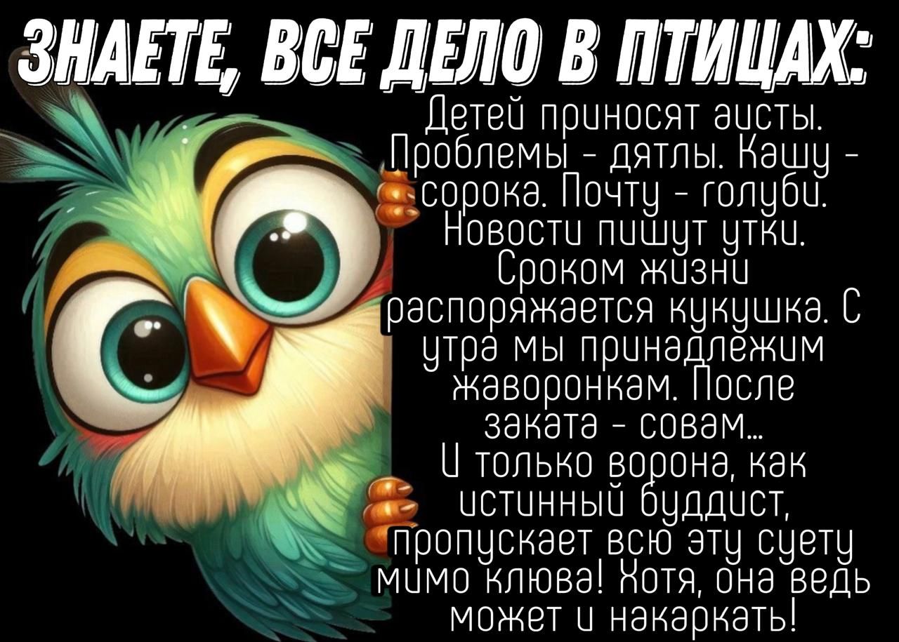 ЗНАЕТЕ, ВСЕ ДЕЛО В ПТИЦАХ:
Детей приносят аисты. Проблемы - дятлы. Кашу - сорока. Почту - голуби. Новости пишут утки. Сроком жизни распоряжается кукушка. С утра мы принадлежим жаворонкам. После заказа - совам...
И только ворона, как истинный буддист, пропускает всю эту суету мимо клюва! Хотя, она ведь может и накаркать.