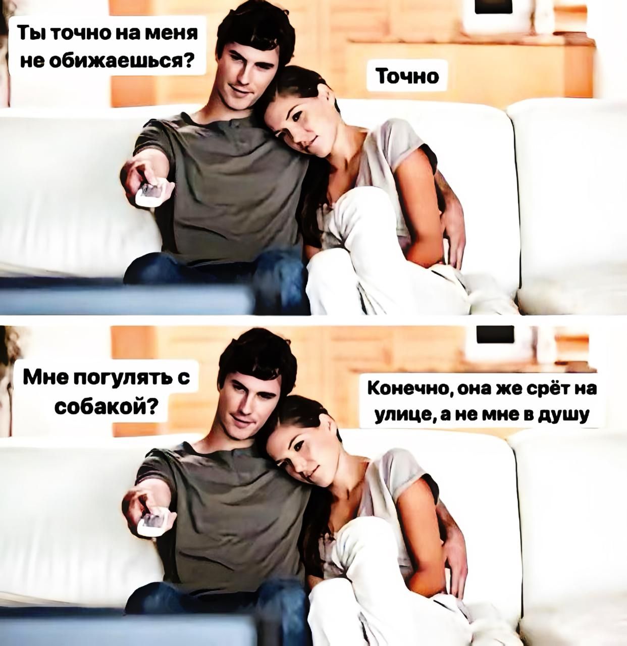 Ты точно на меня не обижаешься?
Точно
Мне погулять с собакой?
Конечно, она же срёт на улице, а не мне в душу.
