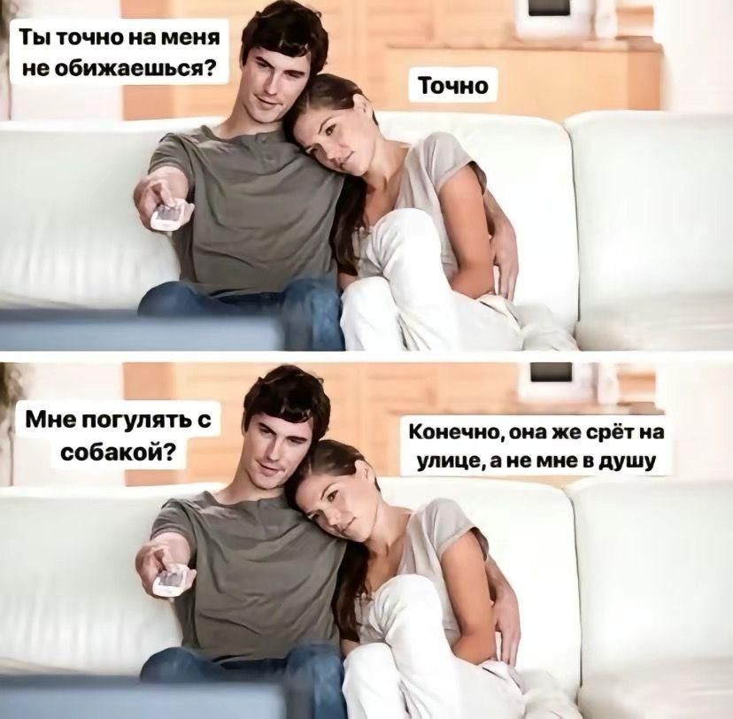 Ты точно на меня не обижаешься? Точно
Мне погулять с собакой? Конечно, она же срет на улице, а мне в душу.