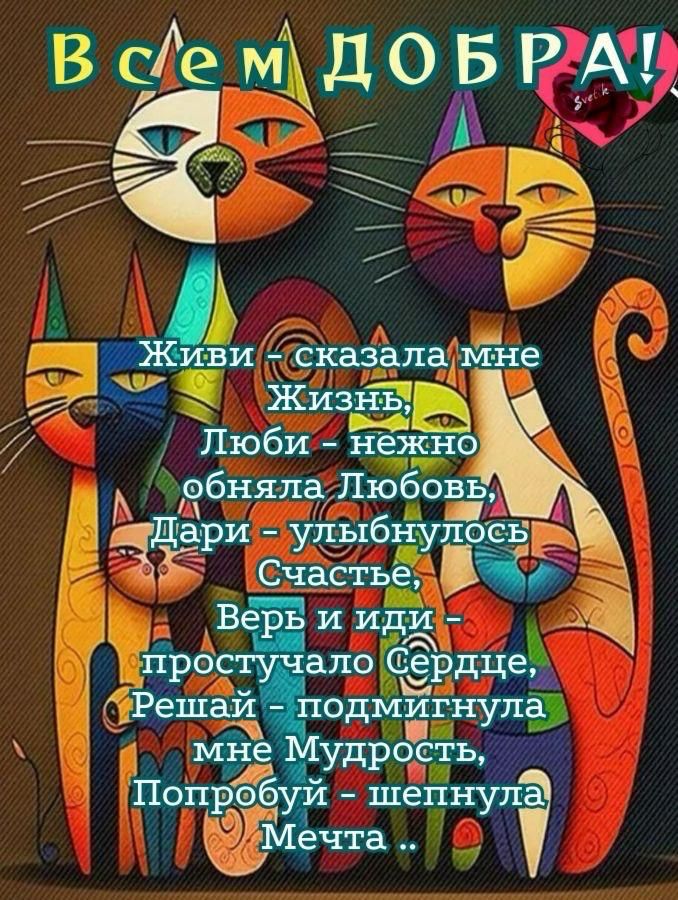 Всем ДОБРА!

Живи – сказала мне Жизнь,
Люби – нежно объняла Любовь,
Дари – улыбнулось Счастье,
Верь и иди – простучало Сердце,
Решай – подмигнула мне Мудрость,
Попробуй – шепнула Мечта.