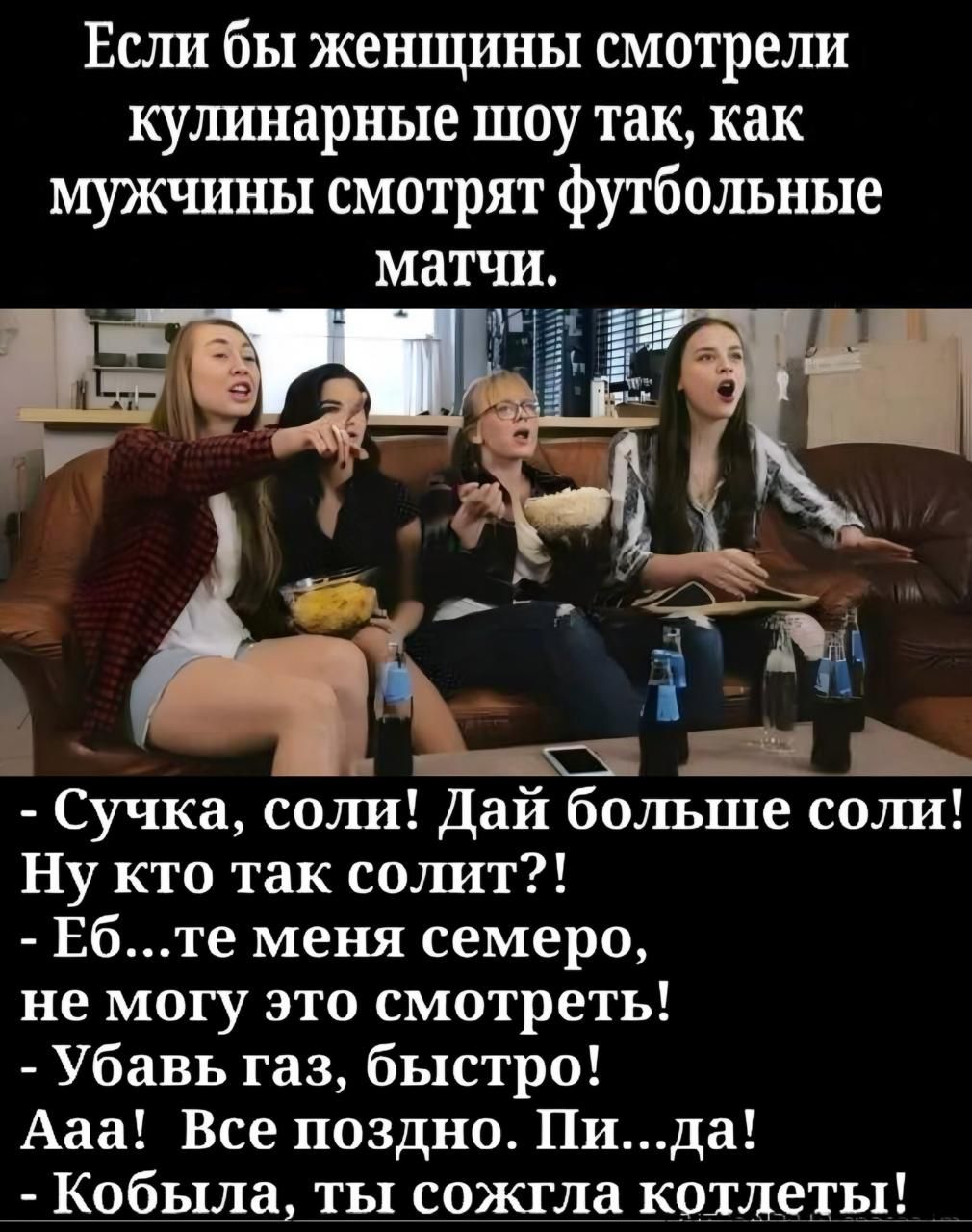 Если бы женщины смотрели кулинарные шоу так, как мужчины смотрят футбольные матчи.
- Сучка, соли! Дай больше соли! Ну кто так солит?!
- Еб...те меня семеро, не могу это смотреть!
- Убавь газ, быстро!
- Ааа! Все поздно. Пи...да!
- Кобыла, ты сожгла котлеты!