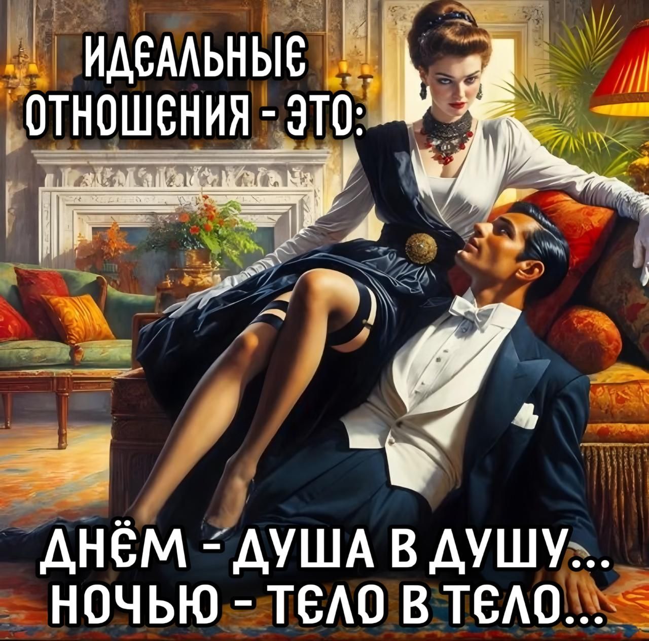 ИДЕАЛЬНЫЕ ОТНОШЕНИЯ - ЭТО:
ДНЕМ - ДУША В ДУШУ...
НОЧЬЮ - ТЕЛО В ТЕЛО...