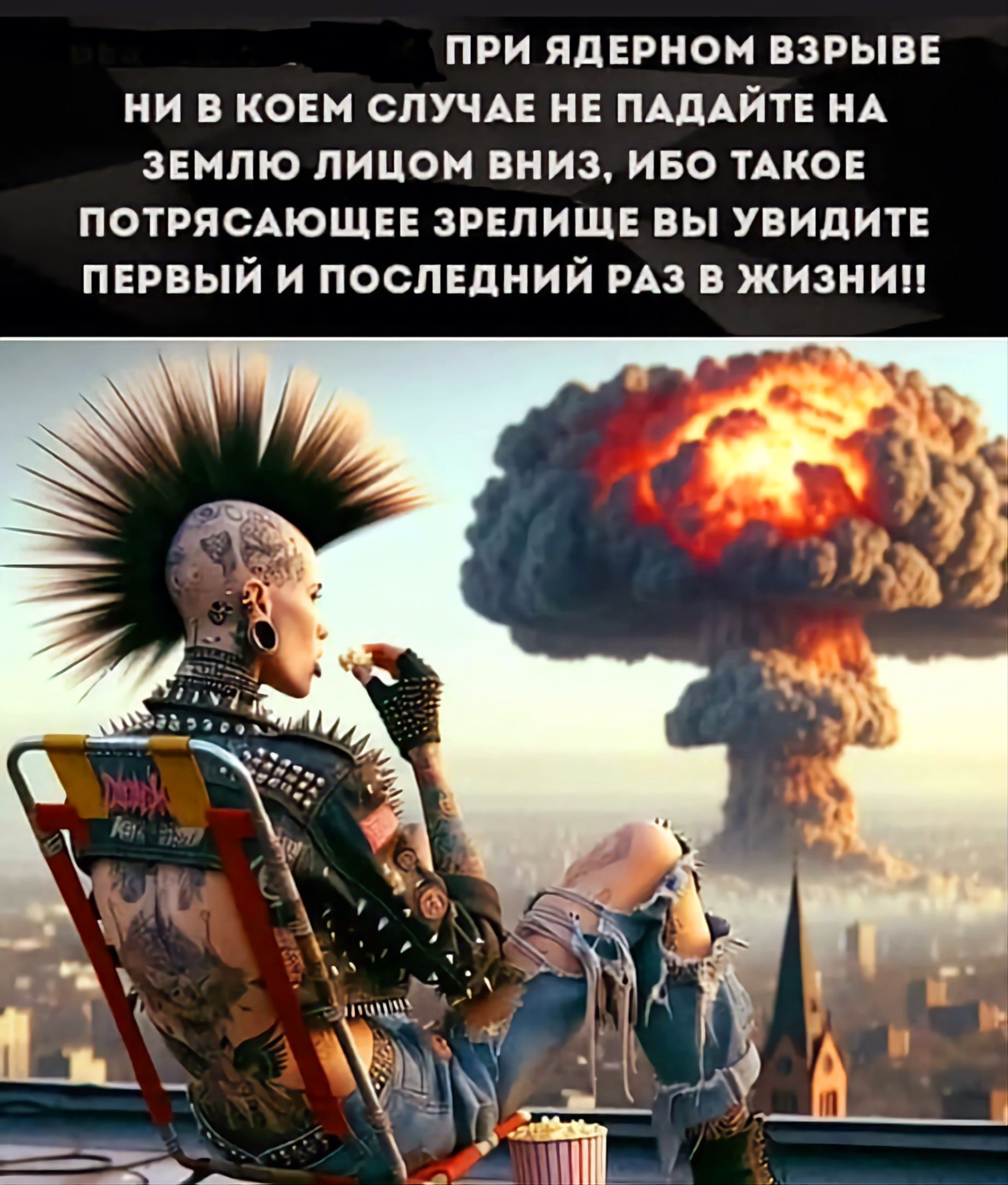 ПРИ ЯДЕРНОМ ВЗРЫВЕ НИ В КОЕМ СЛУЧАЕ НЕ ПАДАЙТЕ НА ЗЕМЛЮ ЛИЦОМ ВНИЗ, ИБО ТАКОЕ ПОТРЯСАЮЩЕЕ ЗРЕЛИЩЕ ВЫ УВИДИТЕ ПЕРВЫЙ И ПОСЛЕДНИЙ РАЗ В ЖИЗНИ!!
