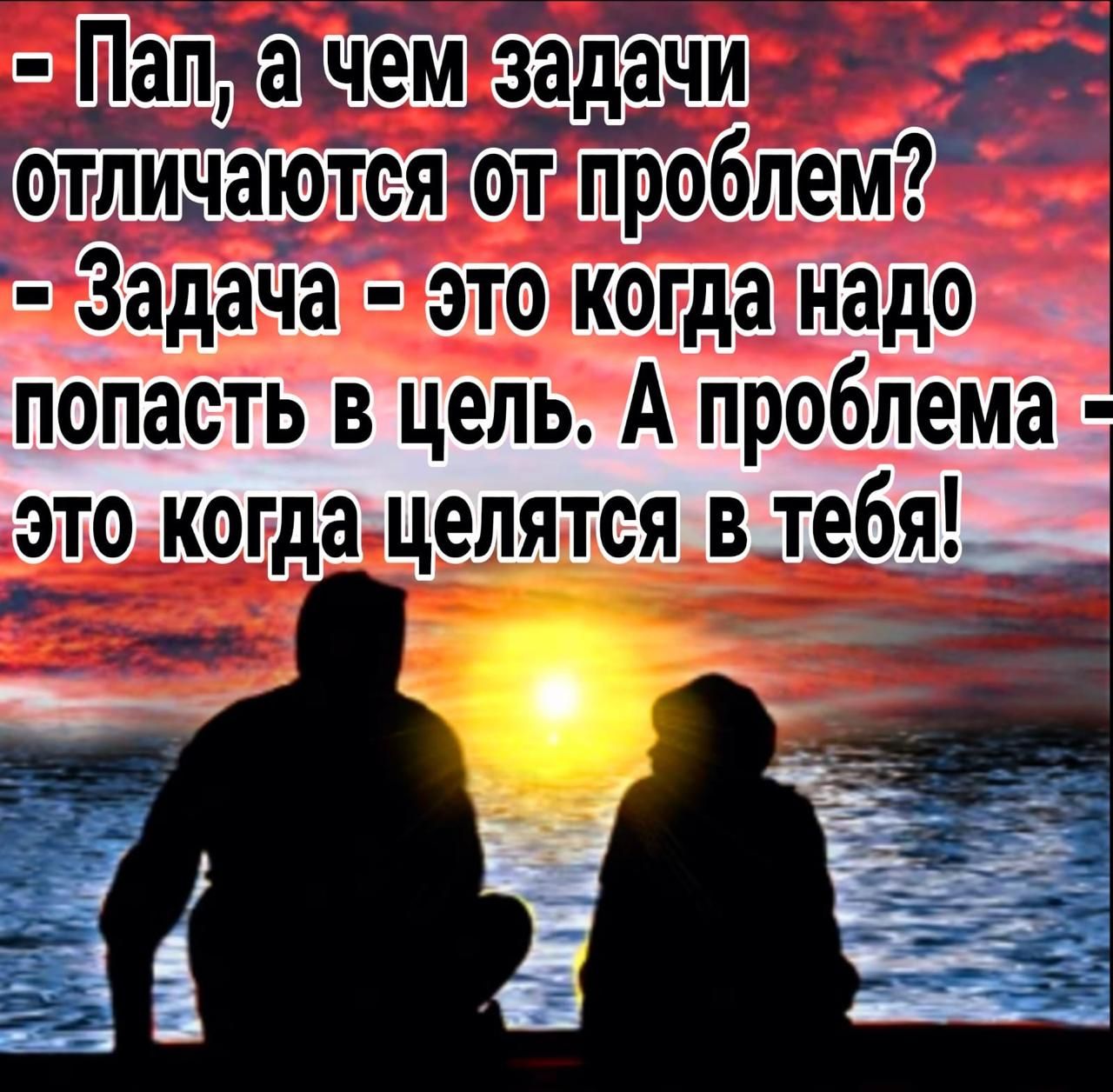 - Пап, а чем задачи отличаются от проблем?
- Задача - это когда надо попасть в цель. А проблема - это когда целятся в тебя!
